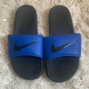 Black and Blue Nike Slides